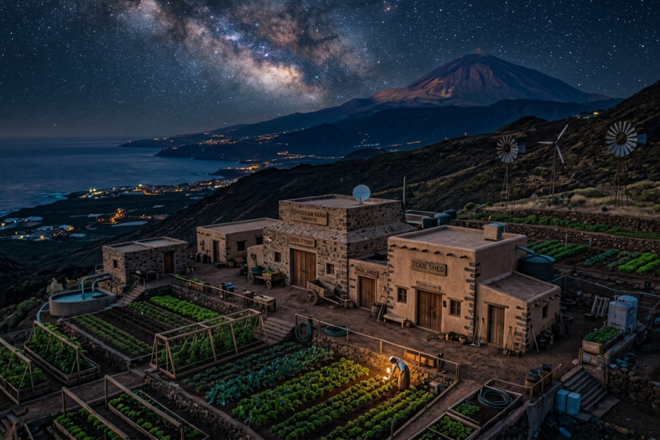 Bitcoin mining farm with neon signs, solar panels, wind turbines, and agricultural beds at sunset